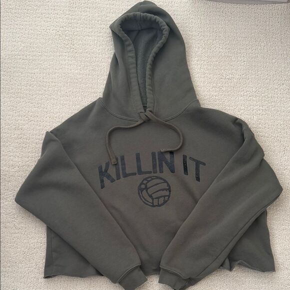 Olive Green 'Killin It' Cropped Volleyball Hoodie Size L - Picture 4 of 7